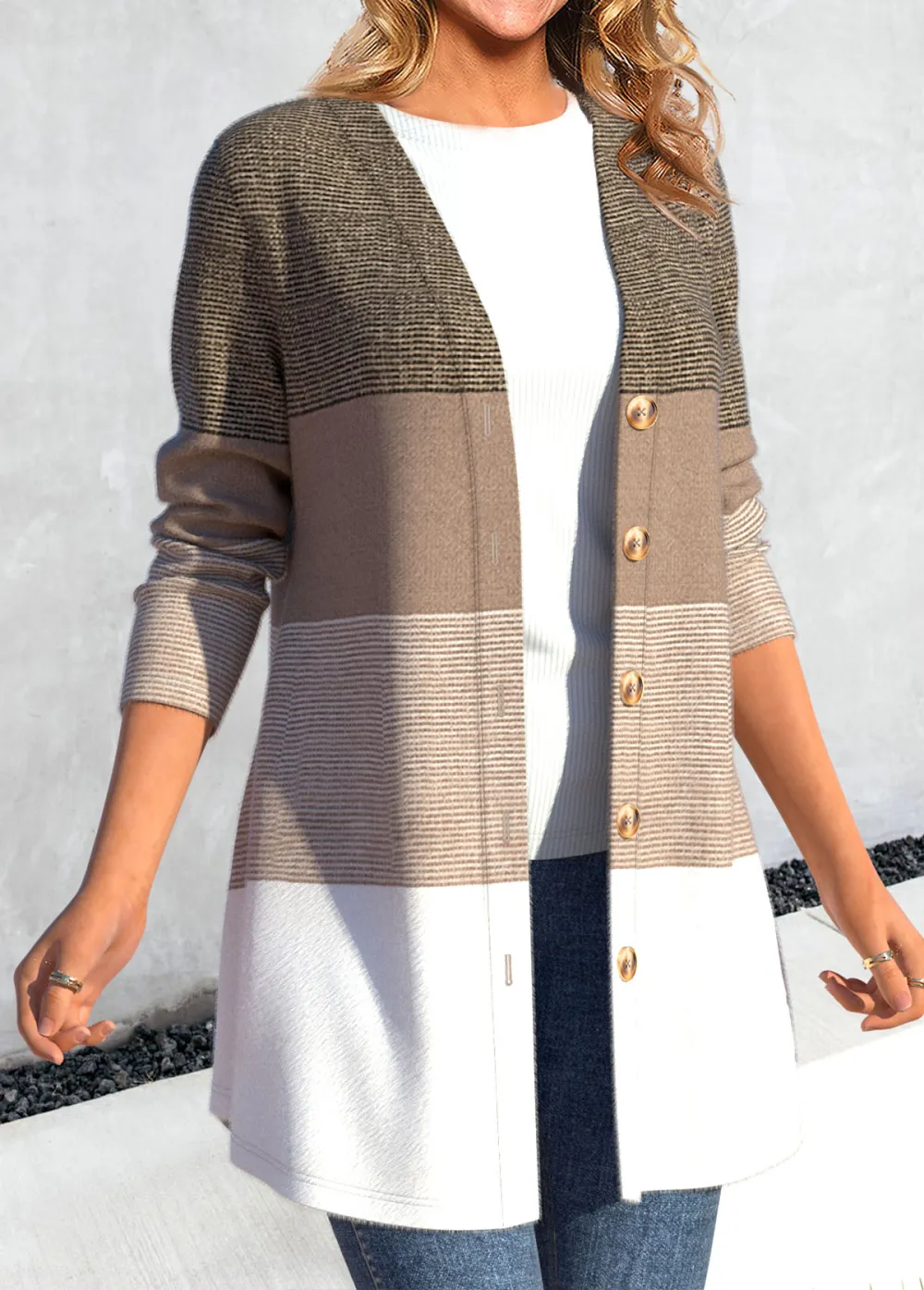 Light Camel Button Striped Long Sleeve Coat