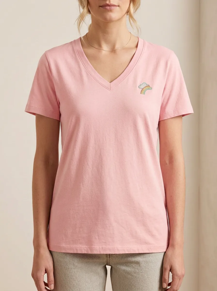 Women's Minimalist Rainbow & Cloud Embroidered V-Neck T-Shirt
