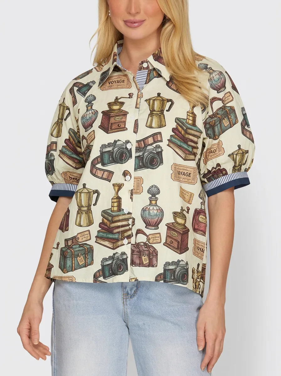 Women's Vintage Travel Lover Camera Coffee Books Printed Shirt