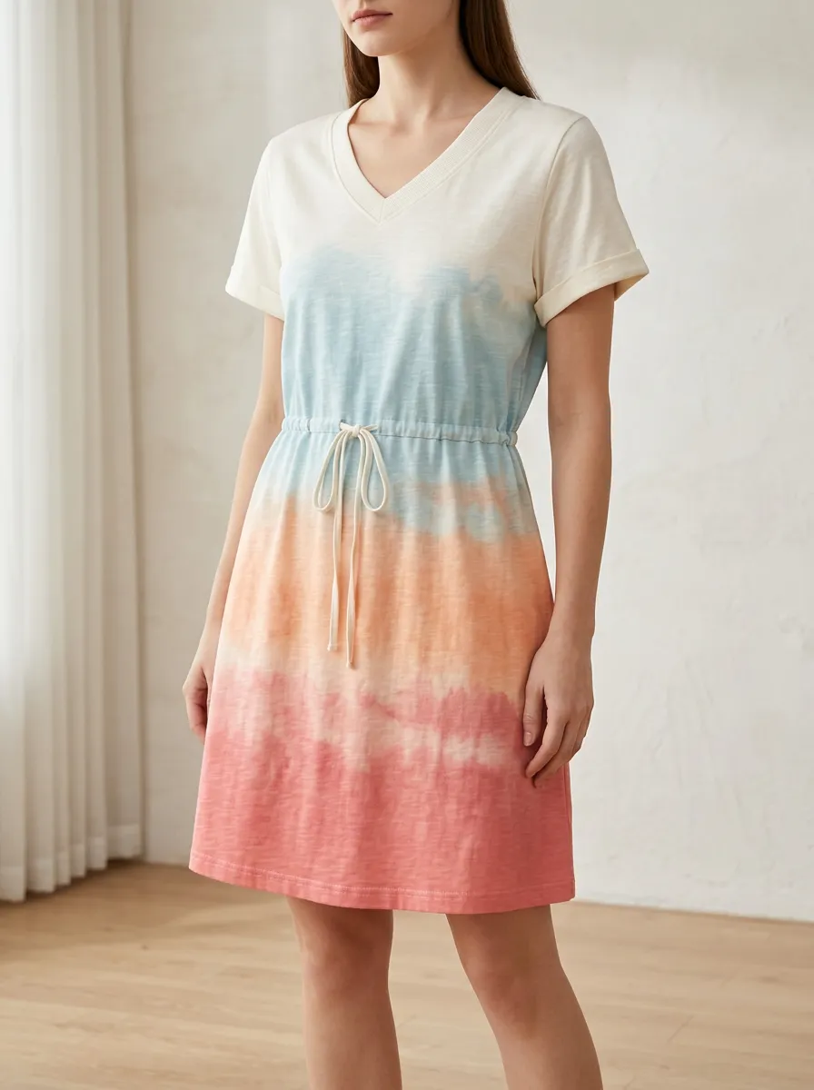 Women's Casual Summer Ombre Tie-Dye Printed V-Neck Dress
