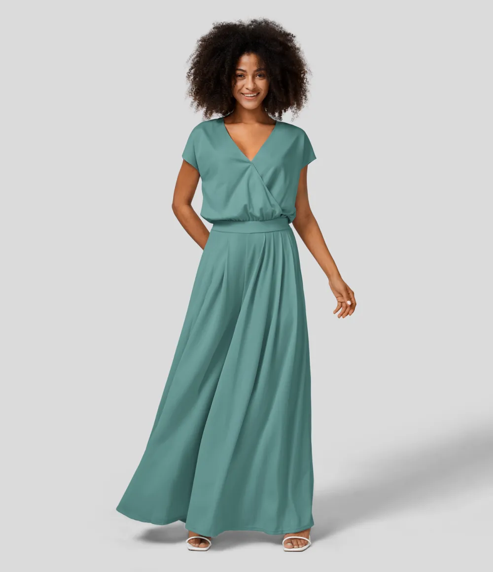 V Neck Short Sleeve Plicated Side Pocket Wide Leg Flowy Waffle Casual Jumpsuit