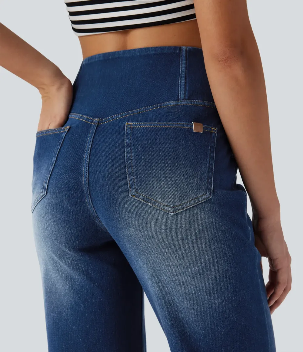 High-waisted, relaxed, crossover straight-leg jeans with  pockets