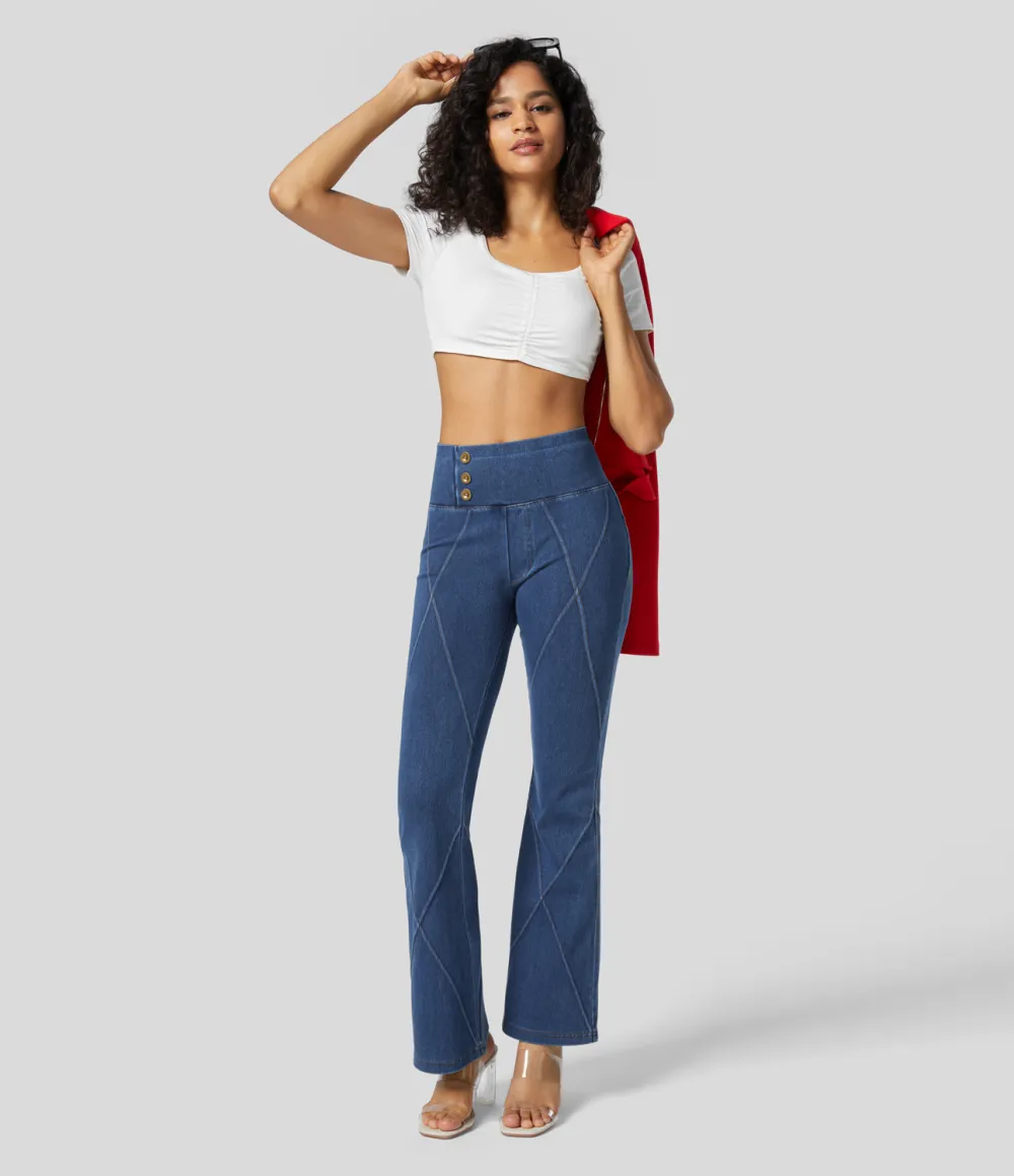 Magic High Waisted Button Top-stitching Washed Stretchy Knit Casual Flare Jeans