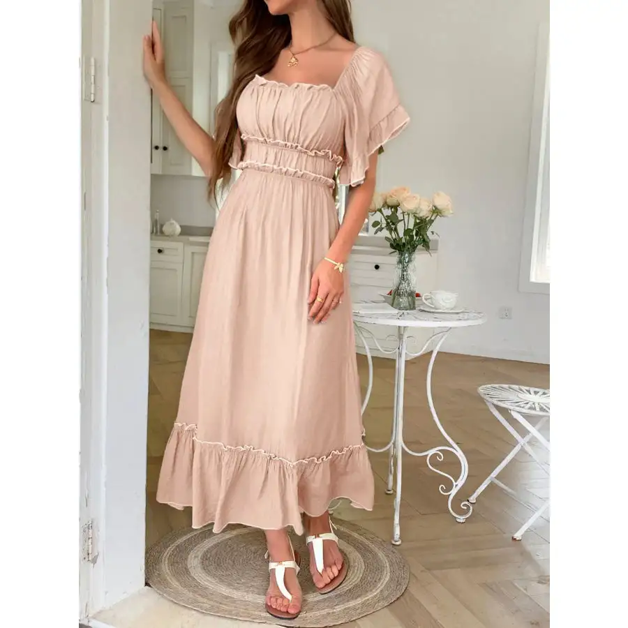 Square Neck Puff Sleeve Ruffle Trim Maxi Dress