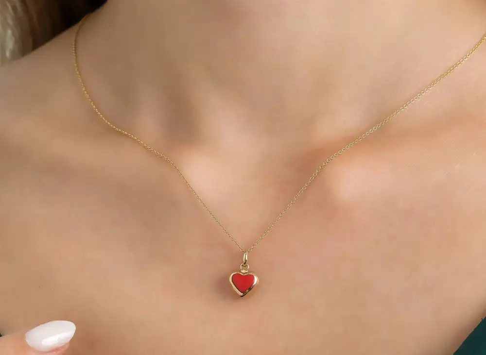 Coral Puffed Heart Pendant Necklace