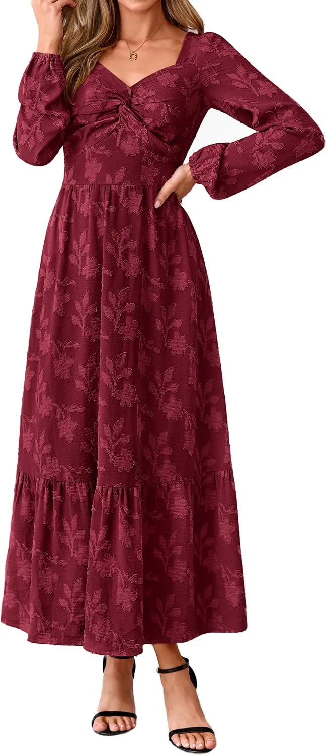 Simplee Womens Fall Long Sleeve Boho Floral Wedding Guest Maxi Dress