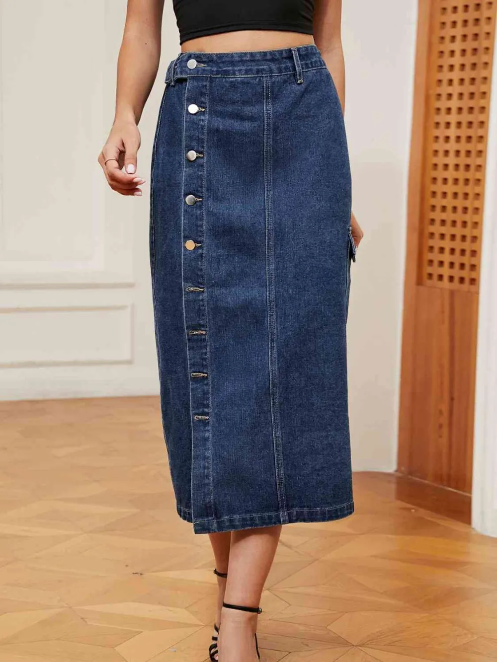 Simple Denim Button Front Skirt