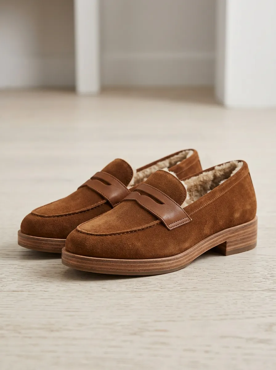Women's Weekend Faux Fur Lined Winter Suede Wood Sole Loafers