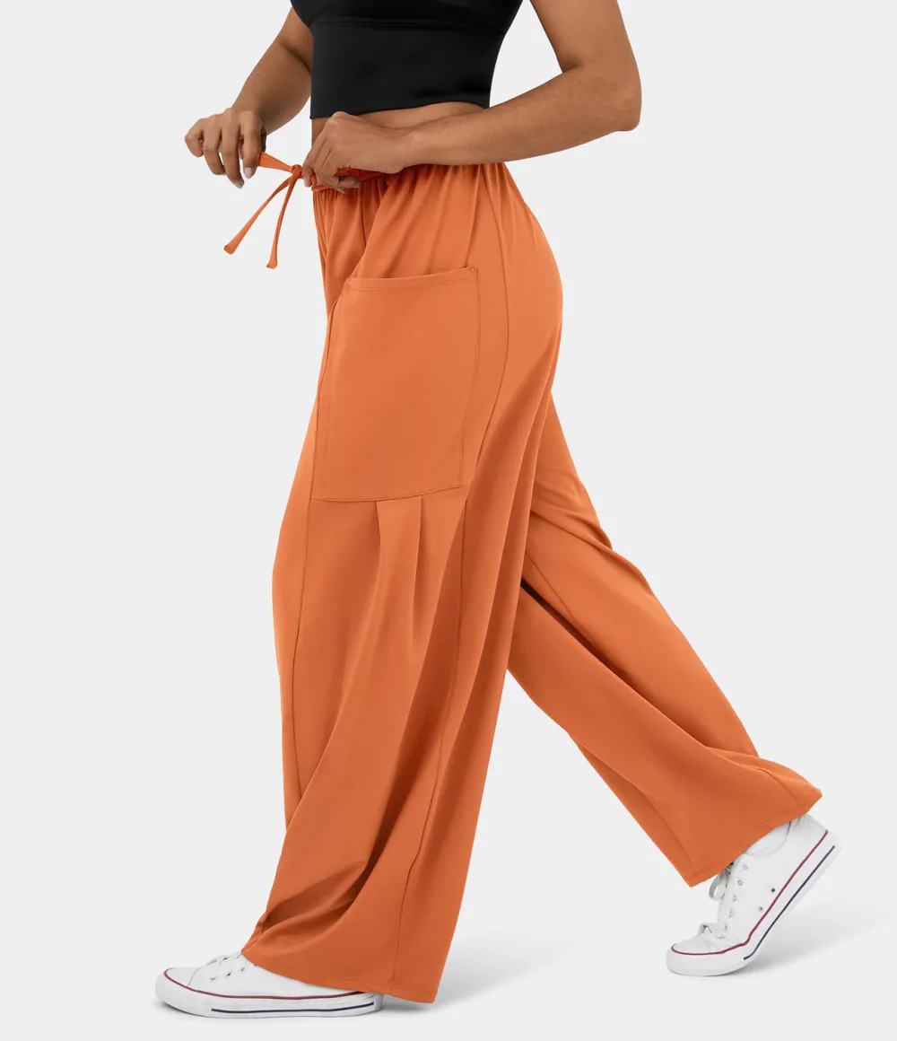 Mid Rise Elastic Waistband Drawstring Side Pocket Palazzo Flowy Wide Leg Casual Pants