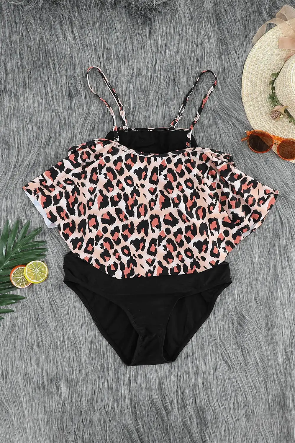 Leopard Printed Off Shoulder Flounce Overlay One-piece Swimwear