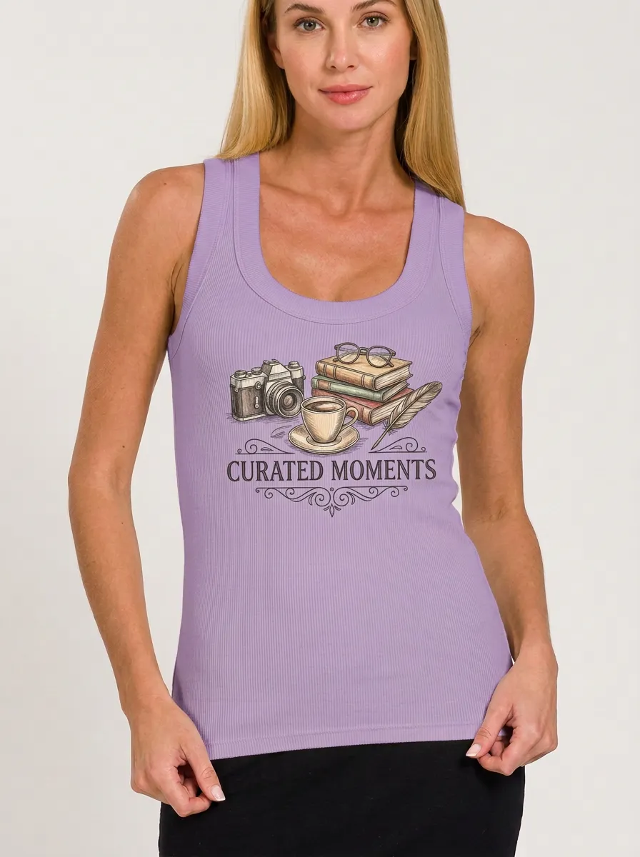 Women's Book Lover Camera Coffee Printed Ribbed Tank Top