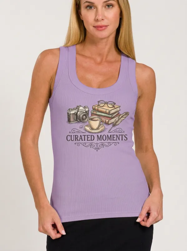 Women's Book Lover Camera Coffee Printed Ribbed Tank Top