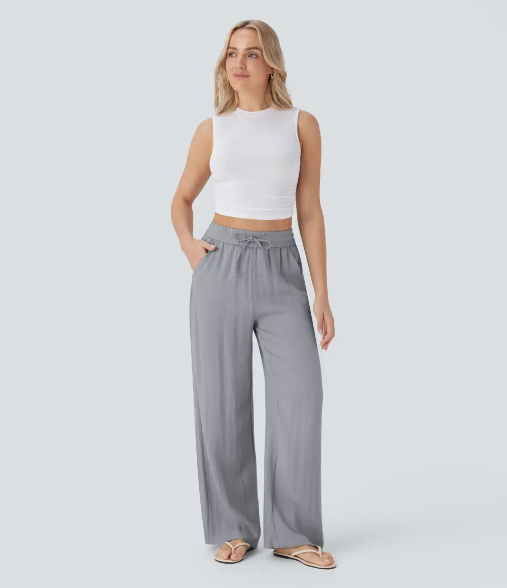2026🔥 High Waisted Drawstring Pocket Wide Leg Casual Linen-Feel Pants