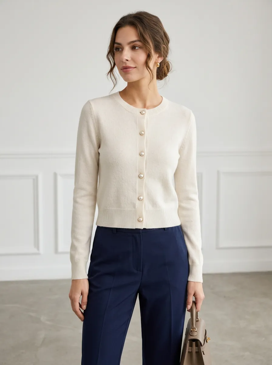 Women's Off- Pearl Button Crewneck Cardigan Crewneck