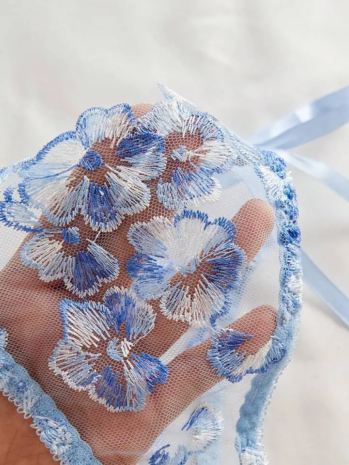 Floral Embroidered Sheer Lingerie Set