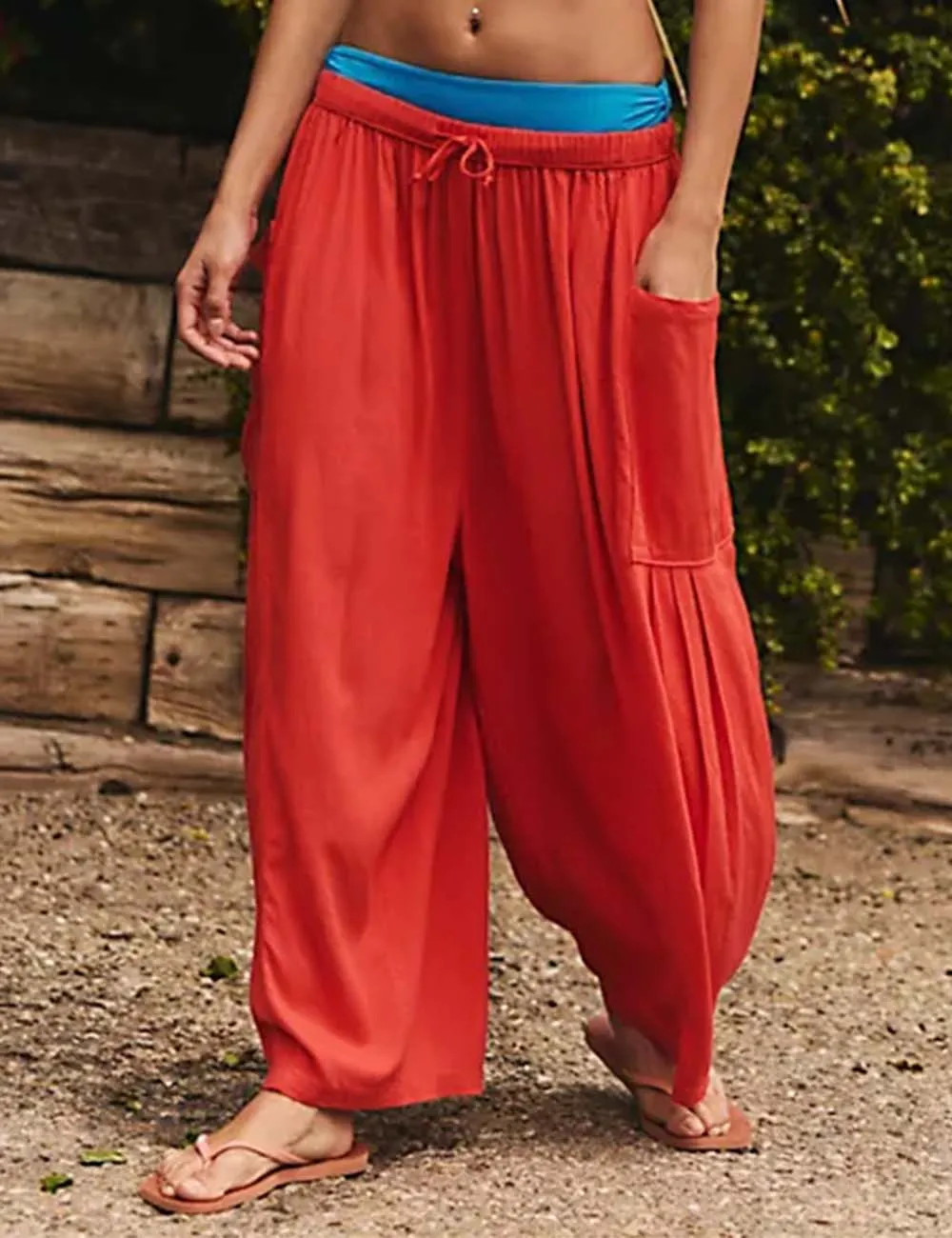 Elastic Waist String Tie Pocket Cozy Pants