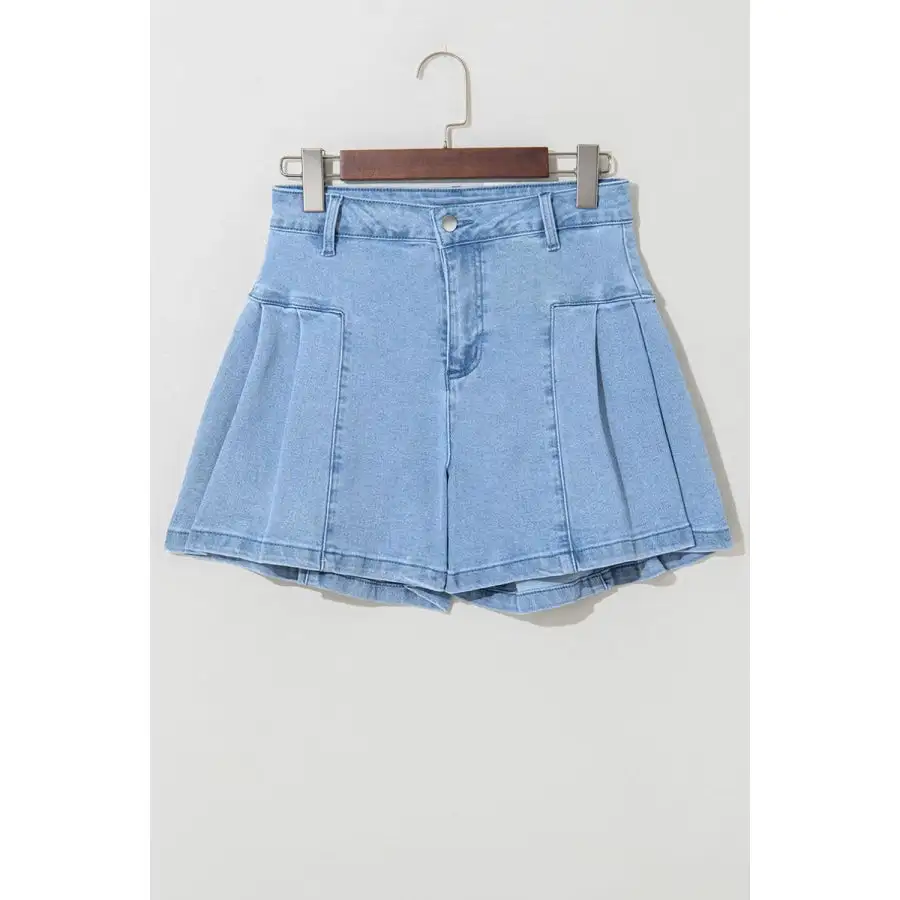 Pleated Patchwork Panel Lightweight Denim Shorts