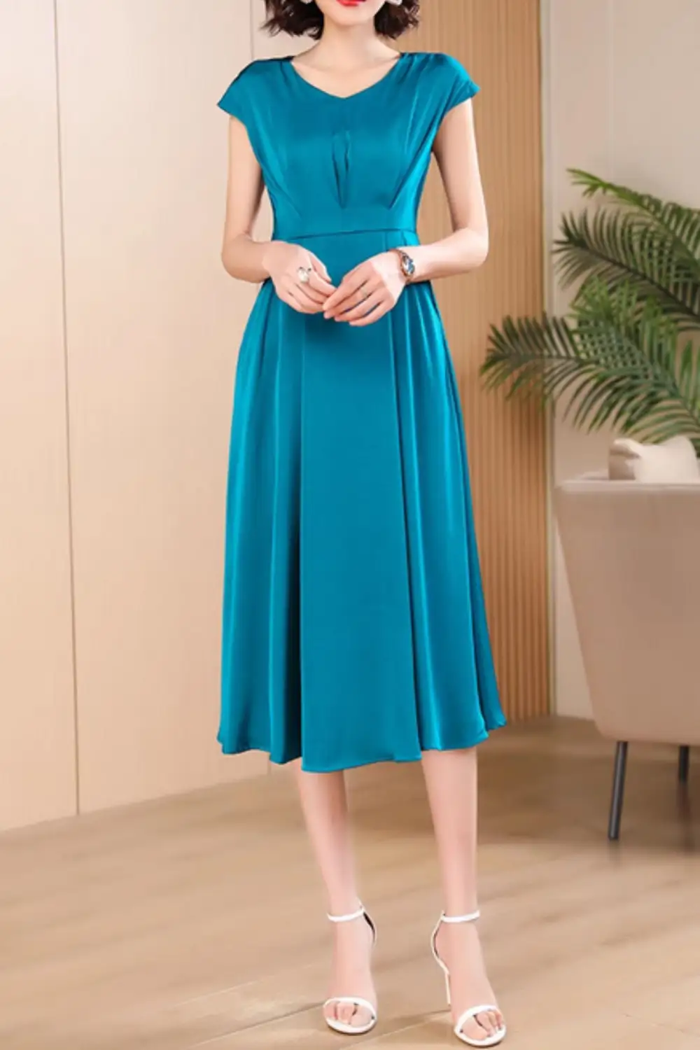 Polyester Fit And Flare V Neck Midi Dress