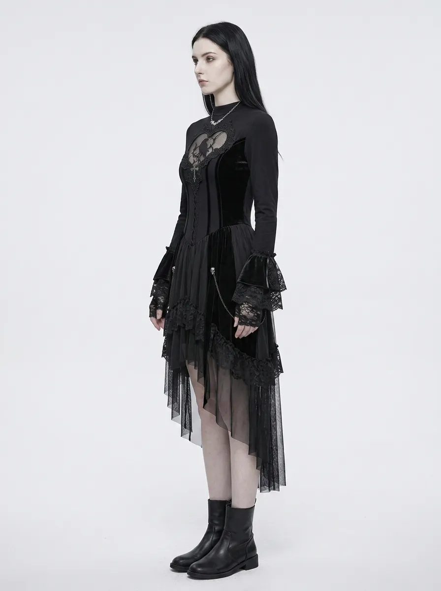 Women's Gothic Raven Heart Lace Trimmed Long Sleeve Top