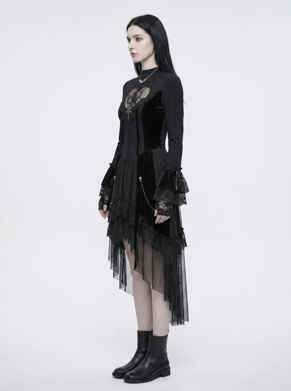 Women's Gothic Raven Heart Lace Trimmed Long Sleeve Top