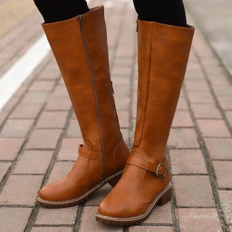 Leather Knee Tall Boots Warm Flat Buckle Riding Style Boots