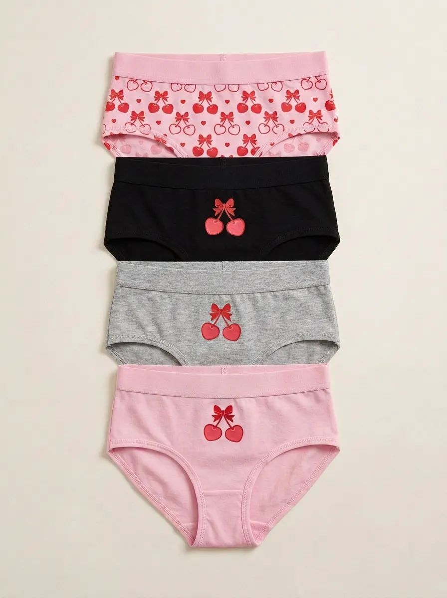 Women's Four-Pair Cherry Print Bow Brief Set
