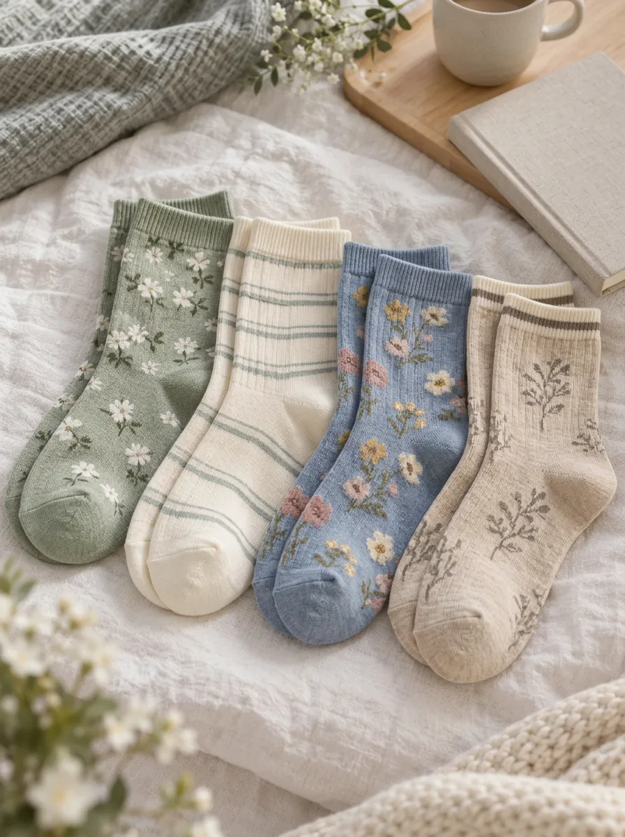 Women's Assorted Floral Botanical Ribbed Striped Vintage-Inspired Printed 4-Pack Crew Sock Set
