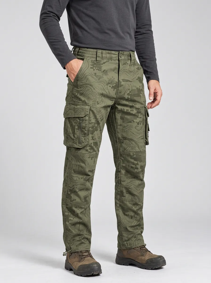 Men's Olive Green Digital Camo Multi-Pocket Tactical Cargo Pants