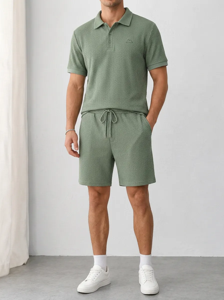 Men's Casual Mountain Logo Waffle Knit Polo Shirt