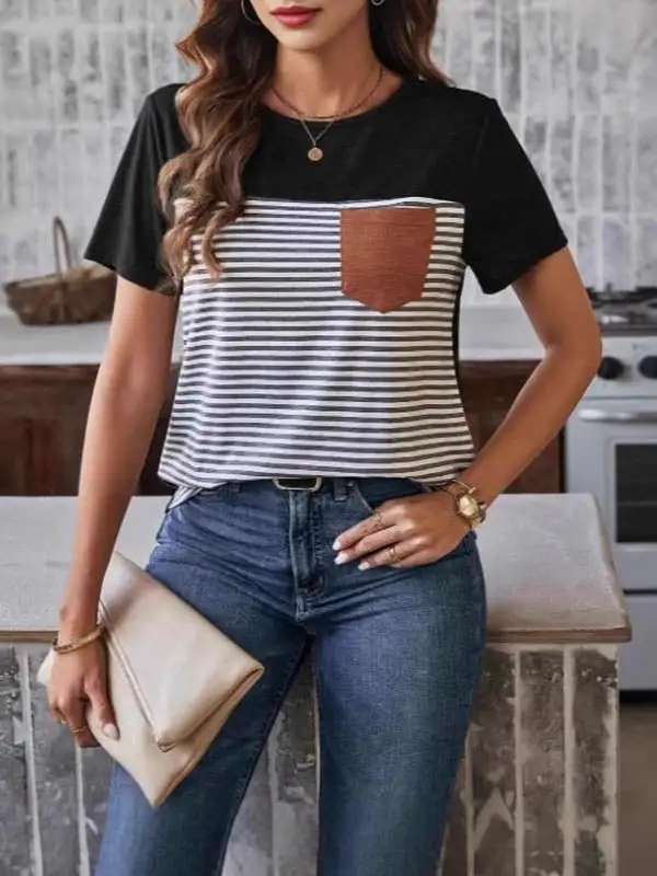 Relaxed Short Sleeve Panel Detail Stripe Round Neck Polyester T-Shirt