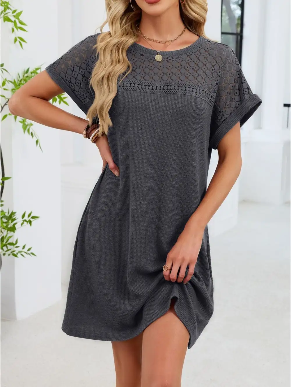 Lace Round Neck Short Sleeve Shirt Dress