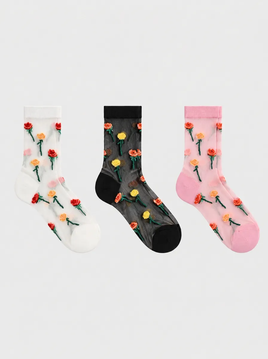 Women's Floral Rose Embroidery Sheer Printed Socks 3-Pack