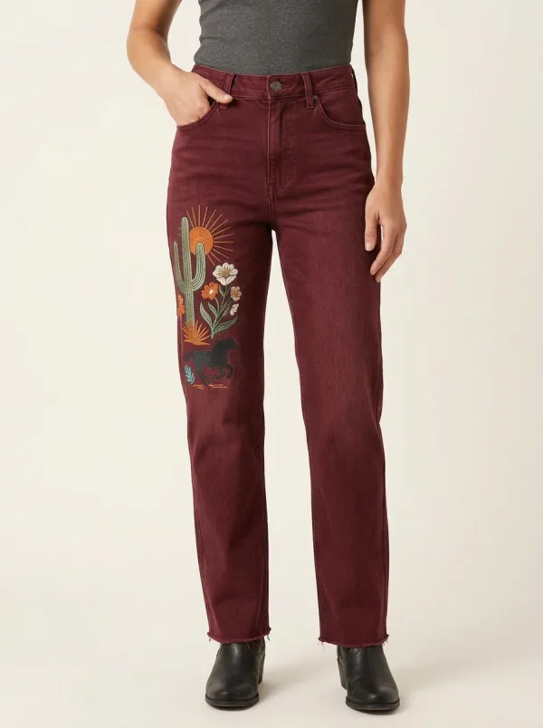 Women's Western Desert Horse Cactus Printed Straight Leg Jeans