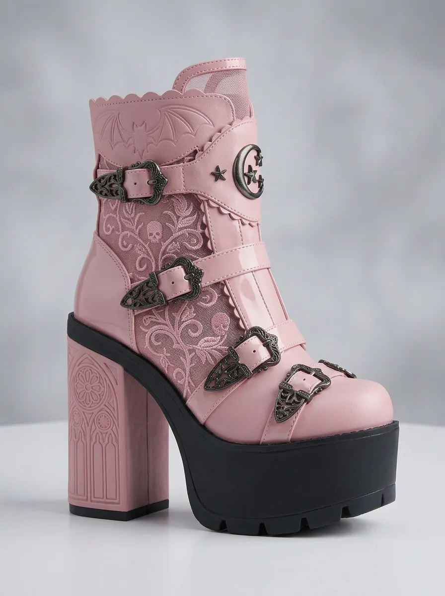 Nightfall Skull Bat Moon Collection Women's Gothic Platform Boots