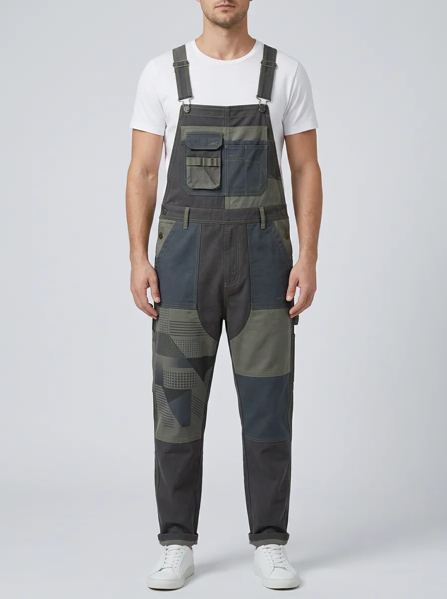 Patchwork Utility Graphic Print Overalls