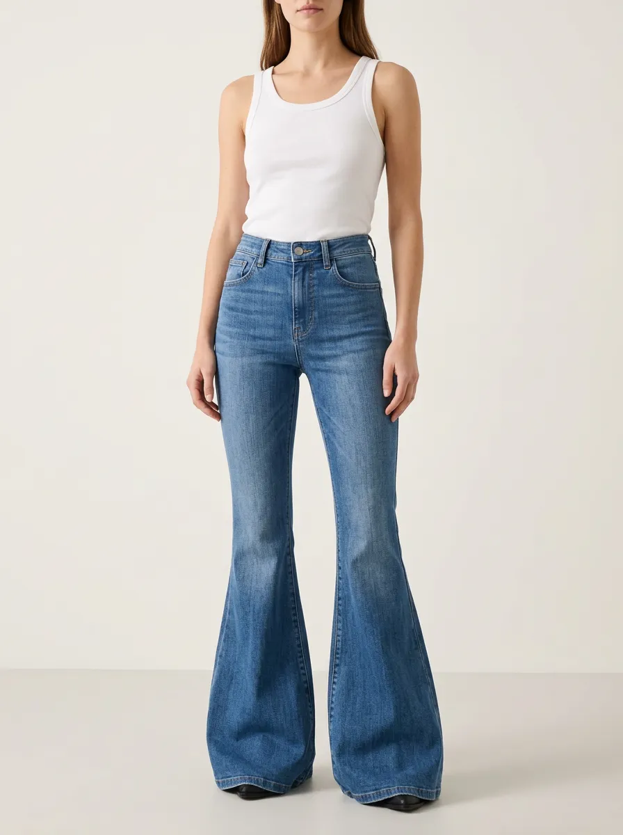 Understated Faded Finish High Rise Flare Jeans