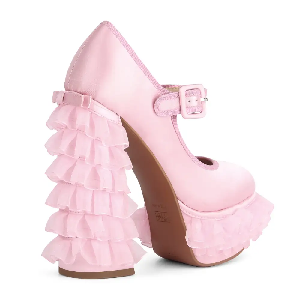 Satin Finish Lace Detail Round Toe Platform Chunky Heel Pumps