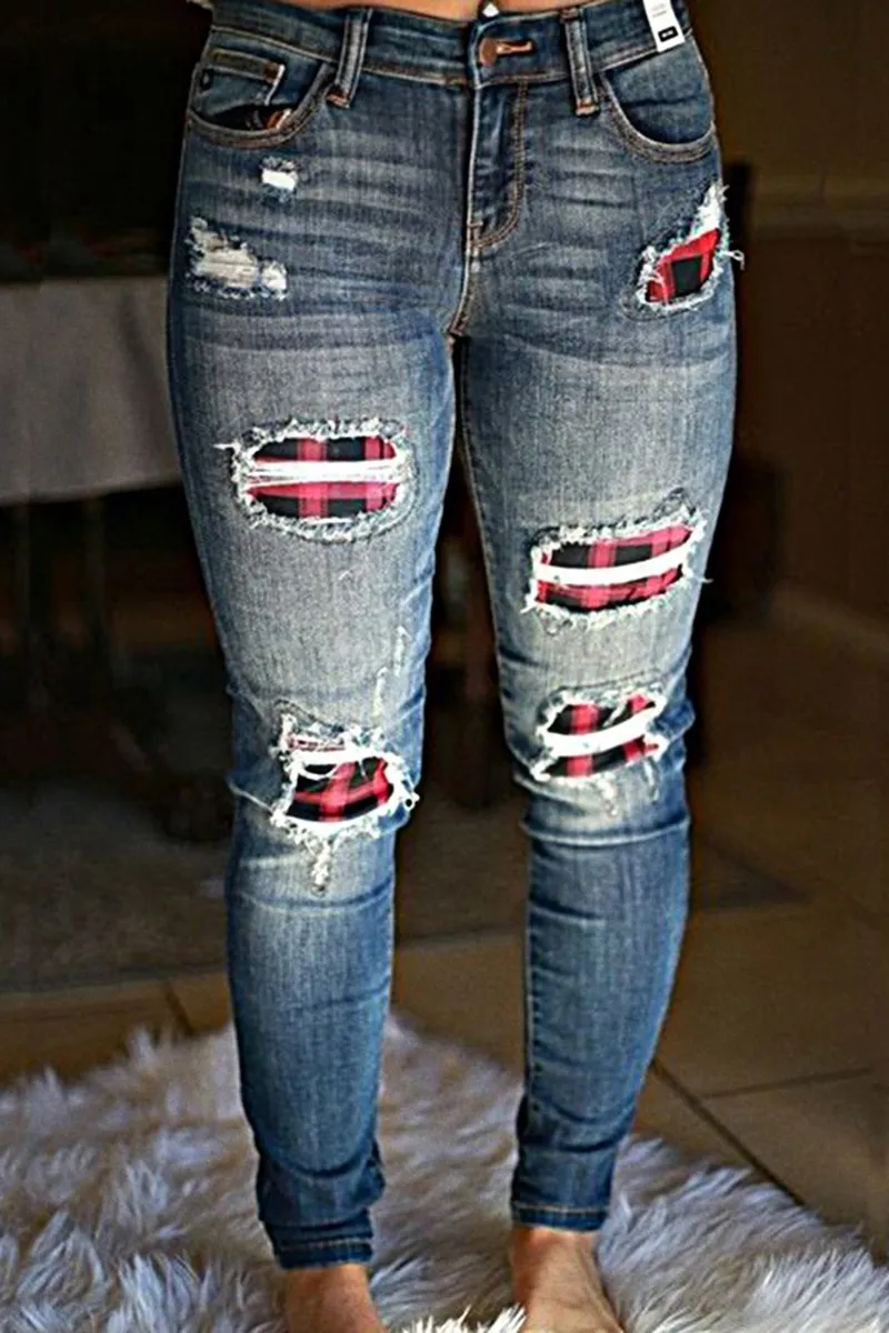 Plaid Panel Patched Mid Rise Skinny Jeans