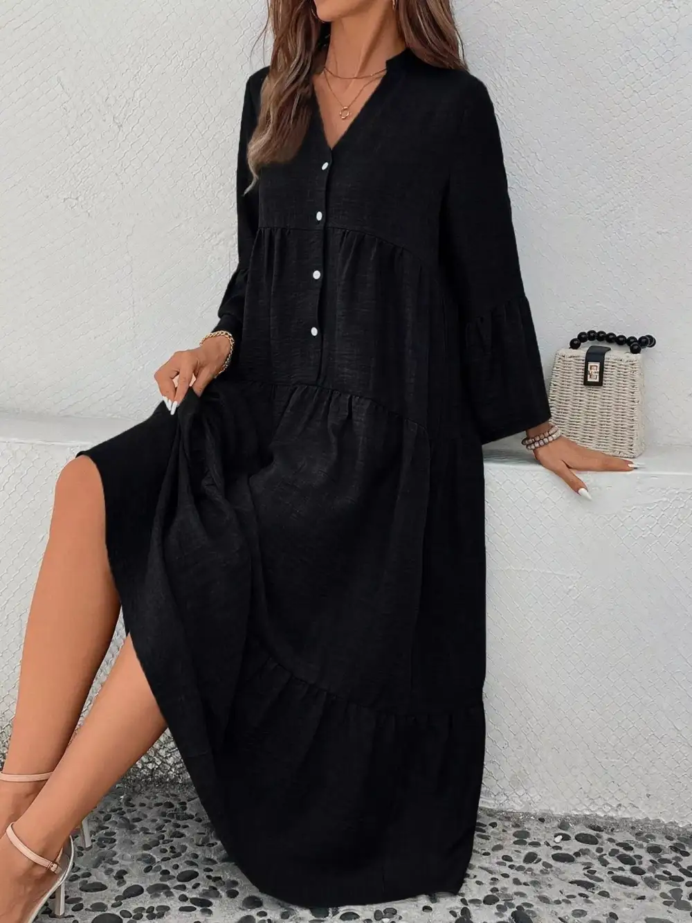 Button Front Ruffle Tiered Dress Casual