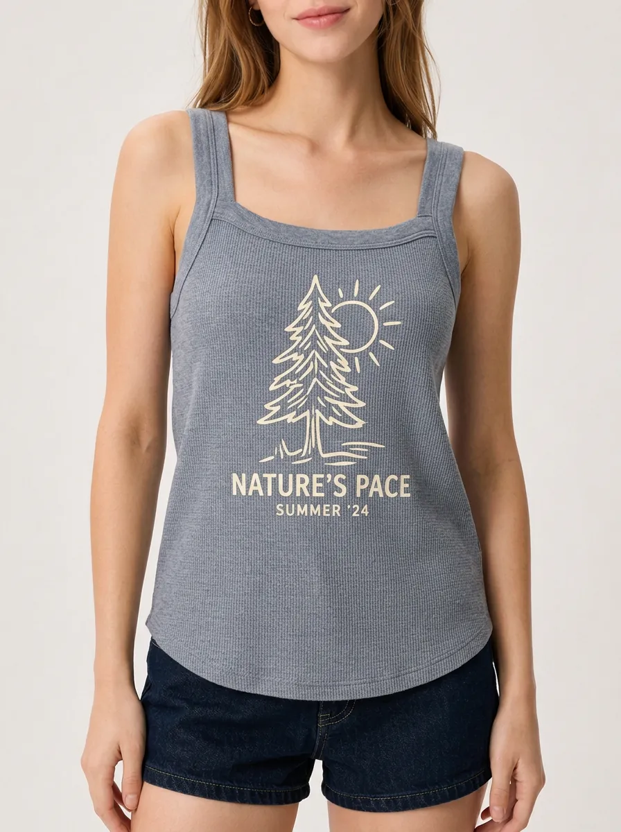 Women's Nature Lover Pine Tree Sun Printed Ribbed Tank Top