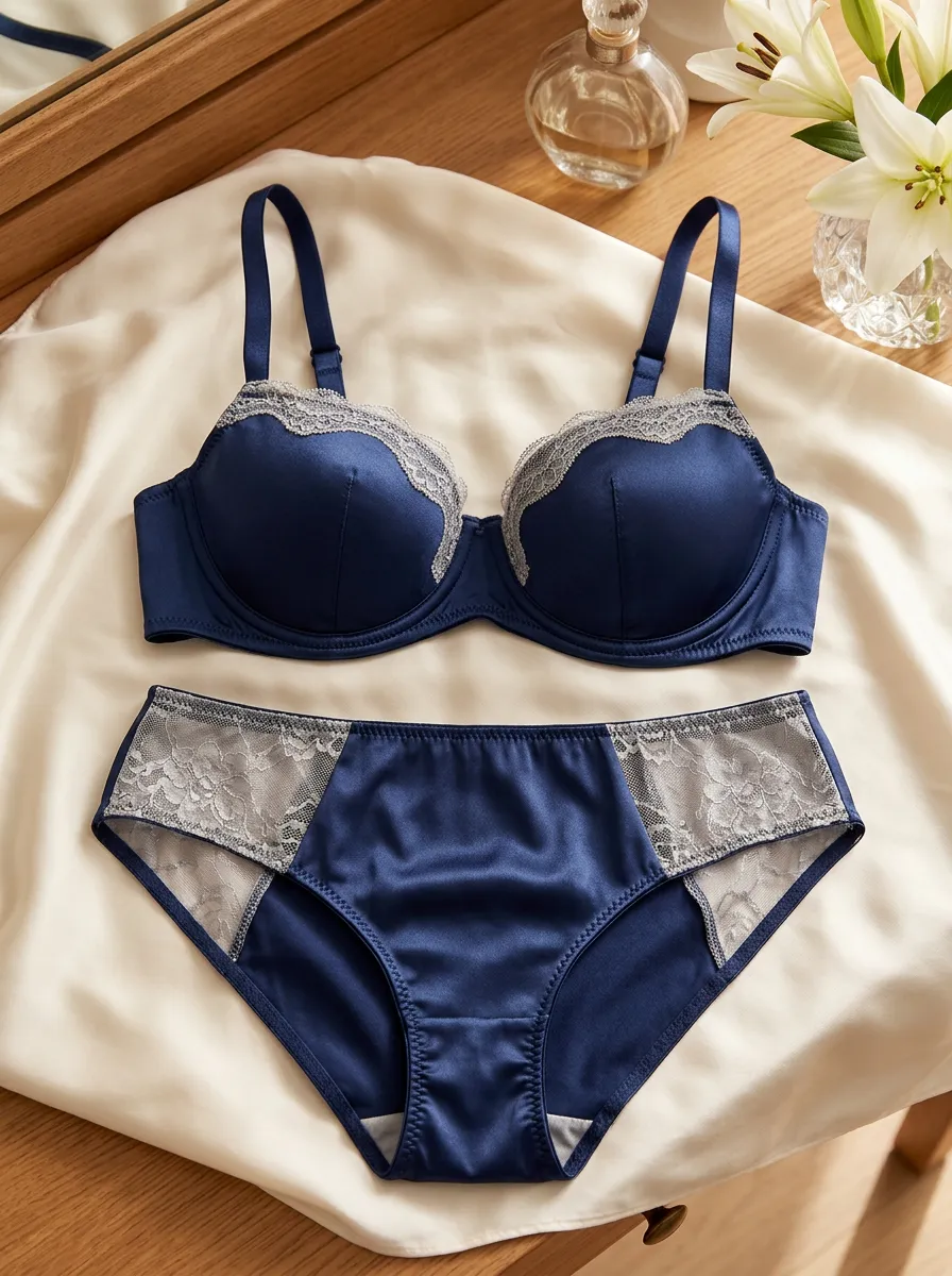 Women's Floral Lace Trimmed Satin Lingerie Set
