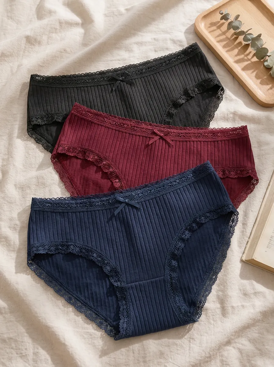 Women's Bow Detail Lace Trim Rib Texture 3-Piece Panty Set