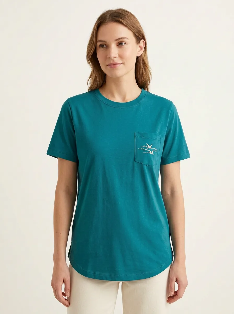 Women's Flying Crane Embroidered Pocket Crewneck T-Shirt