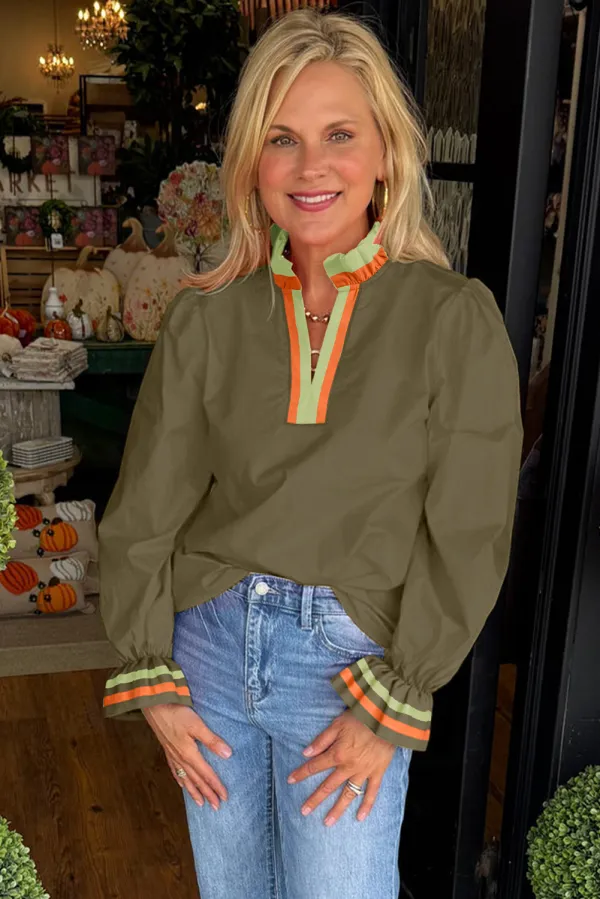 Four Leaf Clover Striped Trim Blouse