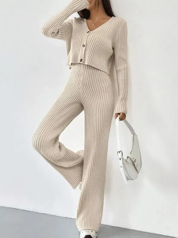 Ribbed Knit Cardigan And Knit Trouser Set