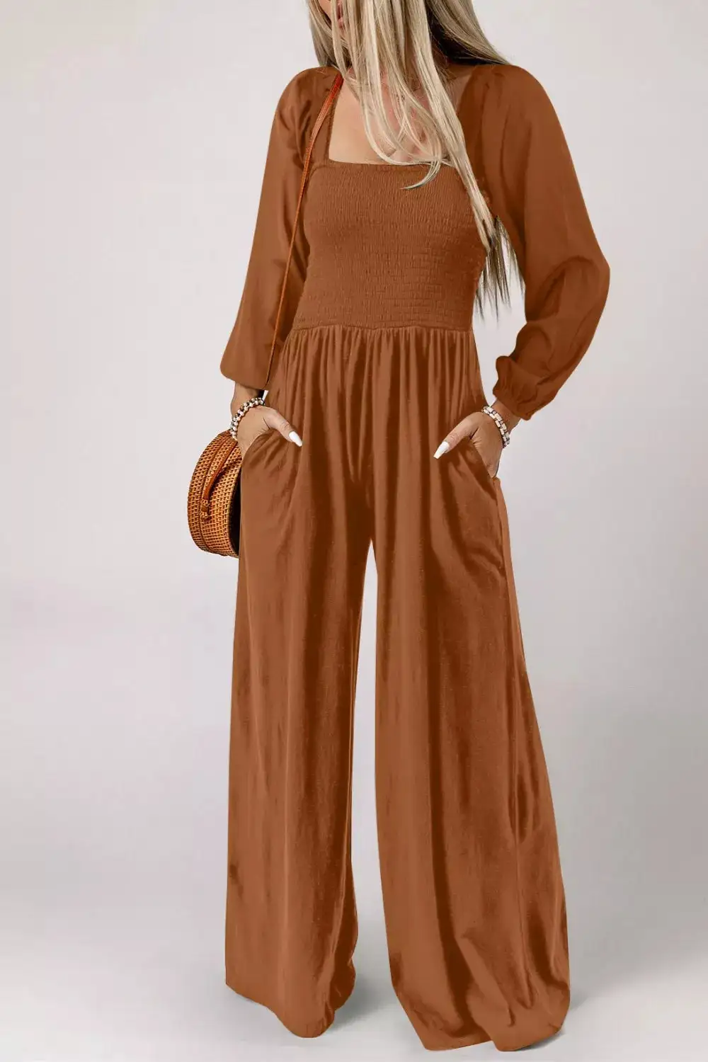 Smocked Square Neck Wide Leg Jumpsuit