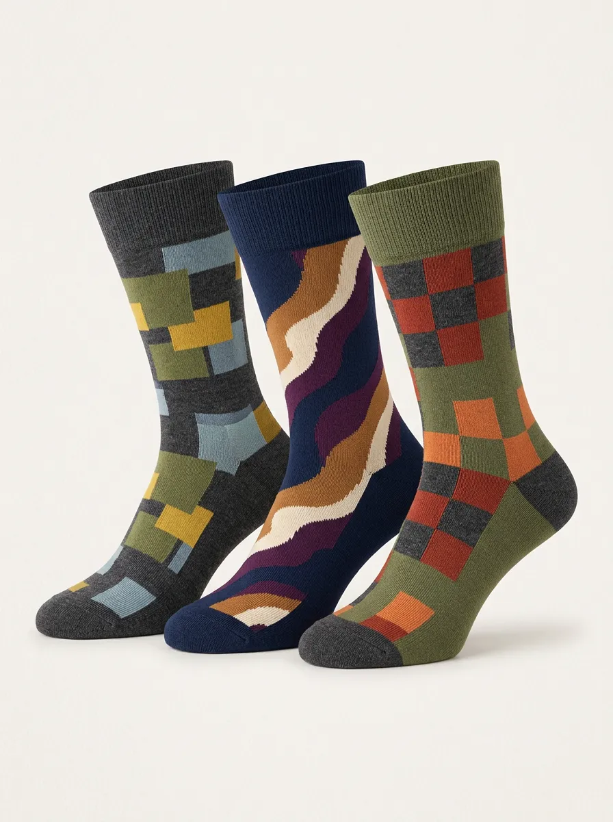Men's Wave Pattern Abstract Motifs Three-Pair Crew Socks