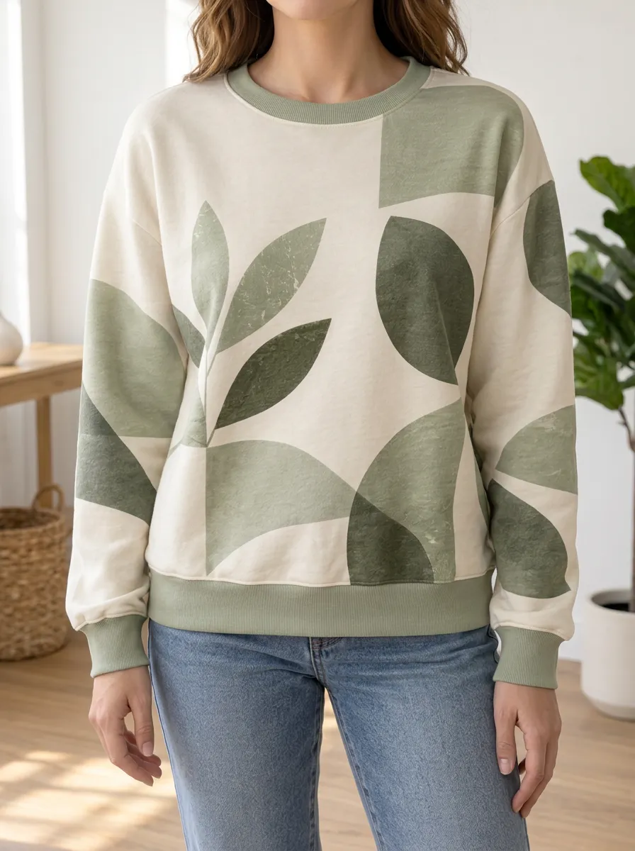 Women's Abstract Botanical Sage Green Printed Fleece Sweatshirt