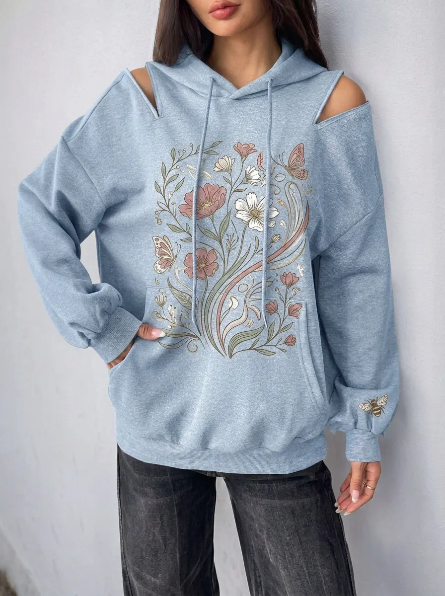 Women's Floral Butterfly Bee Nature Printed Cold Shoulder Hoodie
