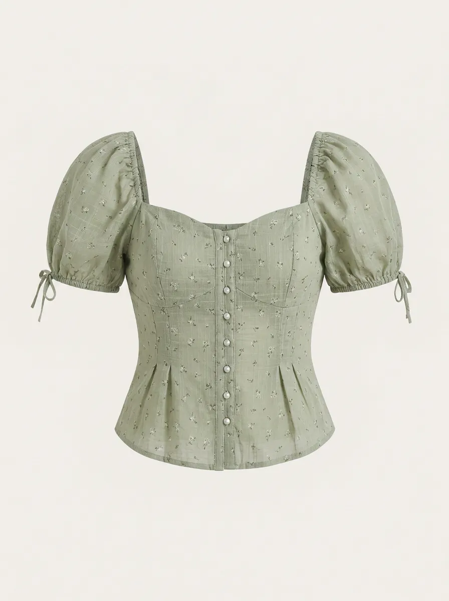 Women's Sage Green Floral Puff Sleeve Pearl Button Printed Top